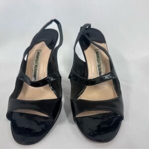 Manolo Blahnik Glossy Black Slingback Open Toe Heels